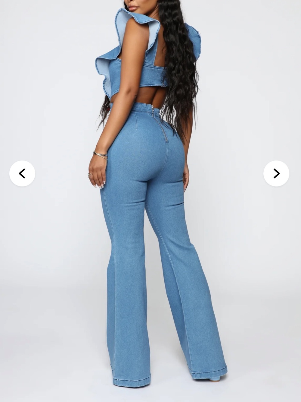 Fashion Nova Blue Ruffle Sleeve Wide-Leg Denim Jumpsuit Size Small